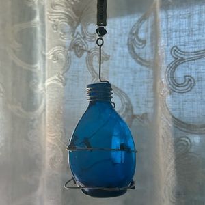 Boho Reflection Beaded Blue Glass Flower / Bud Hanging Window Vase / Bottle.